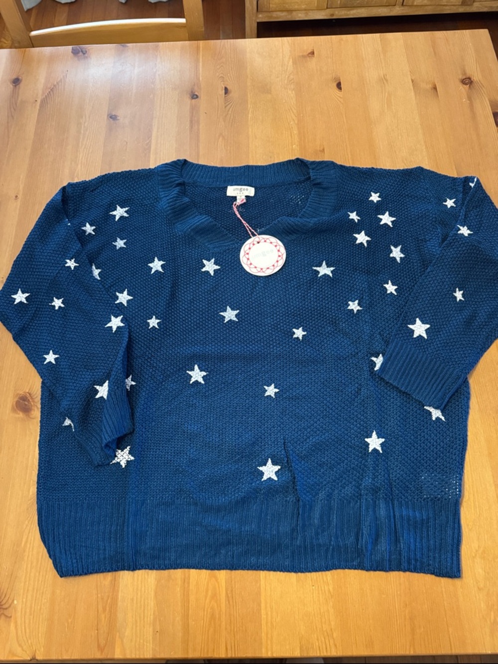 NWT! Umgee Navy V-neck Sweater with White Star Pattern